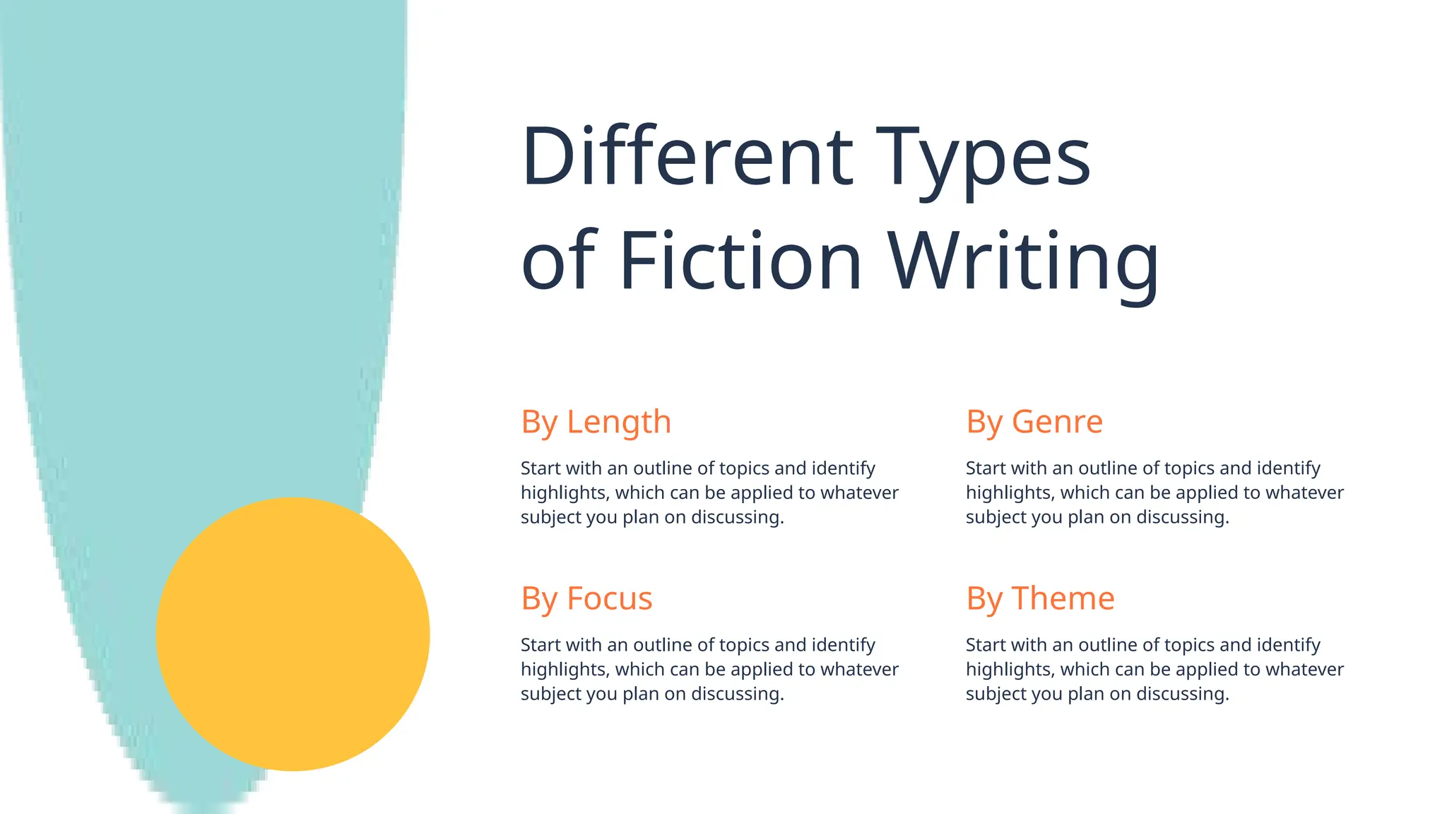 Different Types
of Fiction Writing
By Length
Start with an outline of topics and identify
highlights, which can be applied to whatever
subject you plan on discussing.
By Focus
Start with an outline of topics and identify
highlights, which can be applied to whatever
subject you plan on discussing.
By Genre
Start with an outline of topics and identify
highlights, which can be applied to whatever
subject you plan on discussing.
By Theme
Start with an outline of topics and identify
highlights, which can be applied to whatever
subject you plan on discussing.
 