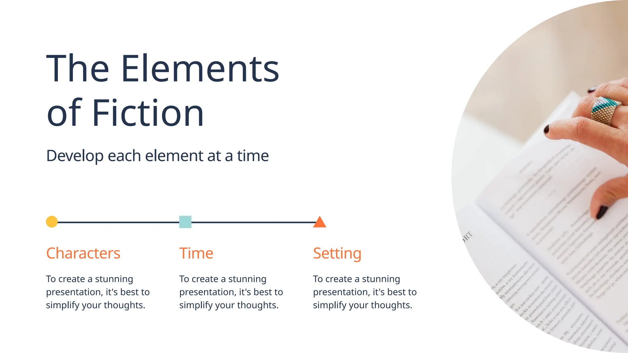 The Elements
of Fiction
Develop each element at a time
Characters
To create a stunning
presentation, it's best to
simplify your thoughts.
Time
To create a stunning
presentation, it's best to
simplify your thoughts.
Setting
To create a stunning
presentation, it's best to
simplify your thoughts.
 