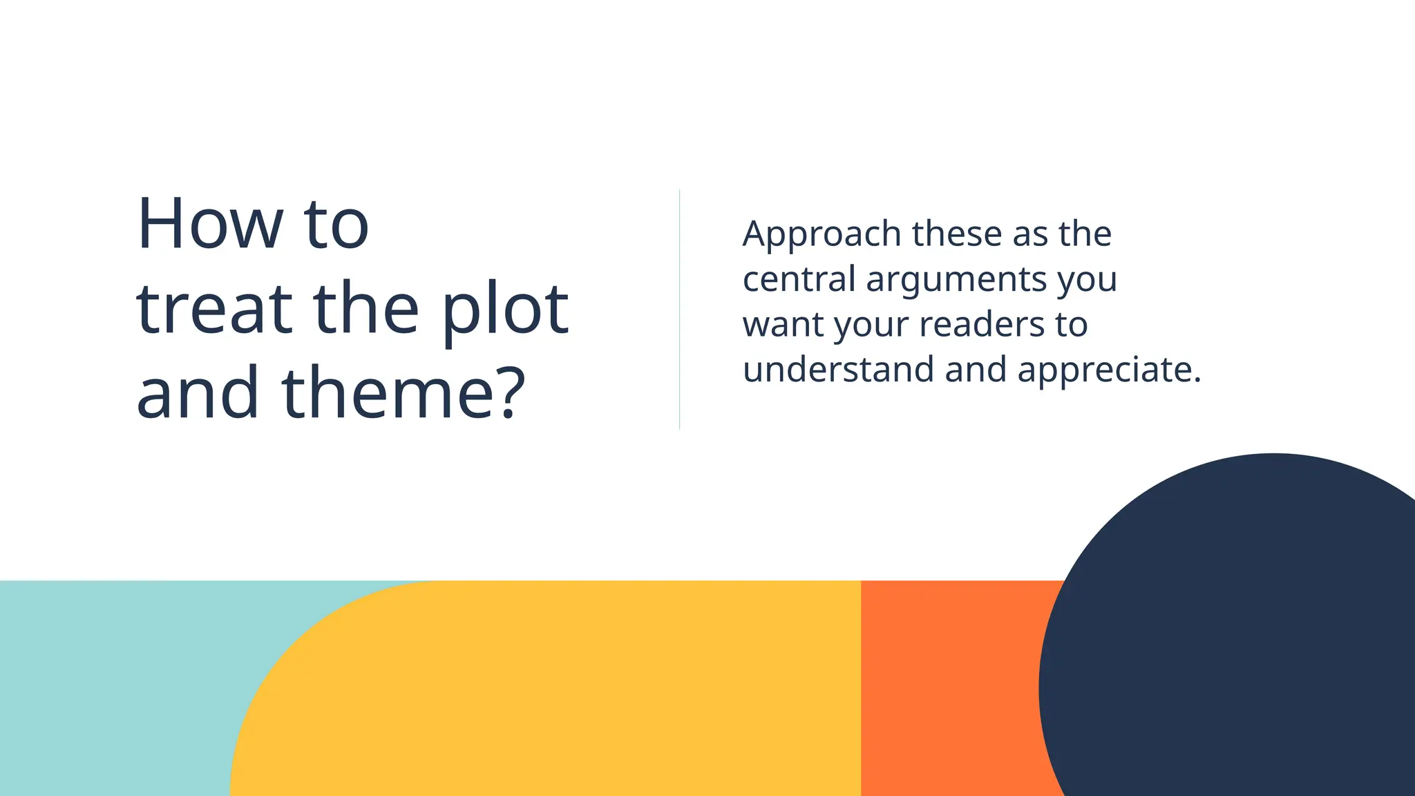 Approach these as the
central arguments you
want your readers to
understand and appreciate.
How to
treat the plot
and theme?
 