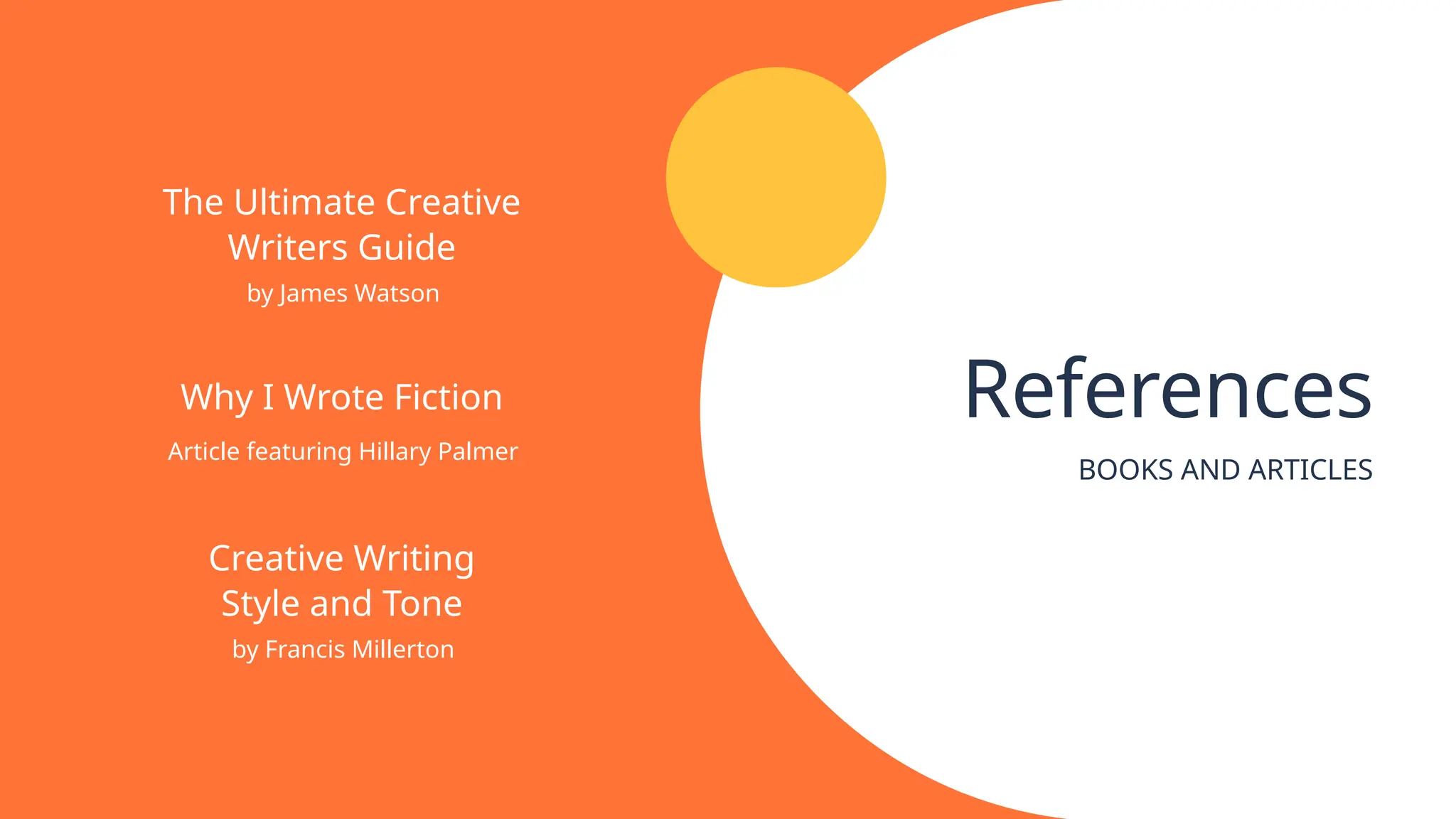 References
BOOKS AND ARTICLES
The Ultimate Creative
Writers Guide
Creative Writing
Style and Tone
Why I Wrote Fiction
by James Watson
by Francis Millerton
Article featuring Hillary Palmer
 