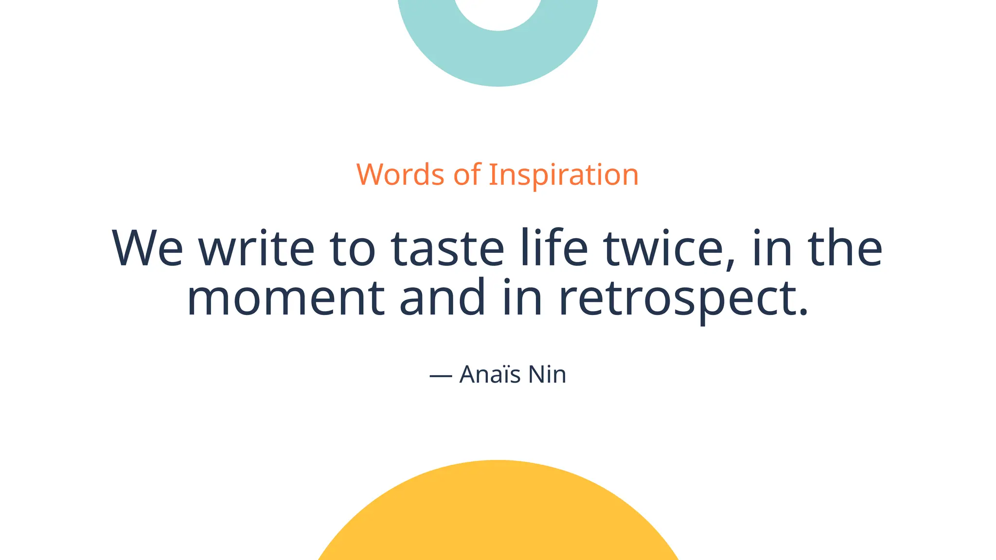 We write to taste life twice, in the
moment and in retrospect.
Words of Inspiration
— Anaïs Nin
 