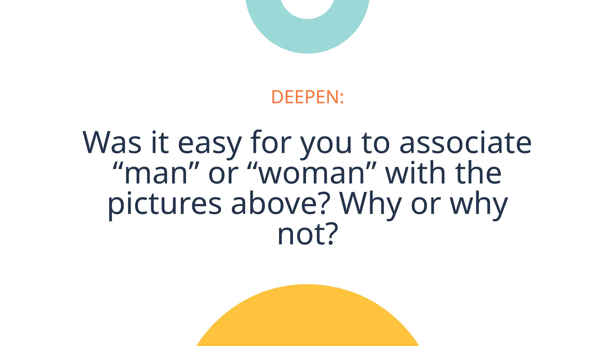 Was it easy for you to associate
“man” or “woman” with the
pictures above? Why or why
not?
DEEPEN:
 