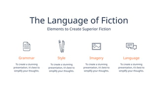 Elements to Create Superior Fiction
The Language of Fiction
Grammar
To create a stunning
presentation, it's best to
simplify your thoughts.
Style
To create a stunning
presentation, it's best to
simplify your thoughts.
Imagery
To create a stunning
presentation, it's best to
simplify your thoughts.
Language
To create a stunning
presentation, it's best to
simplify your thoughts.
 