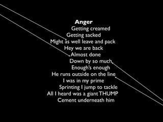 Anger
           Getting creamed
          Getting sacked
 Might as well leave and pack
         Hey we are back
           Almost done
           Down by so much
           Enough’s enough
  He runs outside on the line
        I was in my prime
      Sprinting I jump to tackle
All I heard was a giant THUMP
      Cement underneath him
 