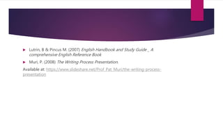  Lutrin, B & Pincus M. (2007) English Handbook and Study Guide _ A
comprehensive English Reference Book
 Muri, P. (2008) The Writing Process Presentation.
Available at: https://www.slideshare.net/Prof_Pat_Muri/the-writing-process-
presentation
 