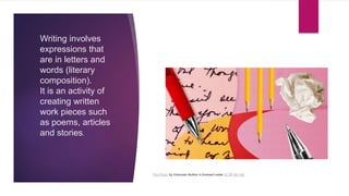 Writing involves
expressions that
are in letters and
words (literary
composition).
It is an activity of
creating written
work pieces such
as poems, articles
and stories.
This Photo by Unknown Author is licensed under CC BY-NC-ND
 