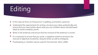 Editing
 In this step we focus on fixing errors in spelling, punctuation, grammar.
 Understand the requirements for writing, structure your ideas authentically and
ensure that you have written about what you are confident about (factual based
ideas) & avoid unrealistic points.
 Write in full sentences and ensure that the concord of the sentence is correct.
 It is important to ensure that you avoid a repetitive sentence structure, the
overuse of adjectives & adverbs, slang & clichés as well as ambiguity.
 Proofreading or checklist may be used for the final text. (Muri, 2008)
 