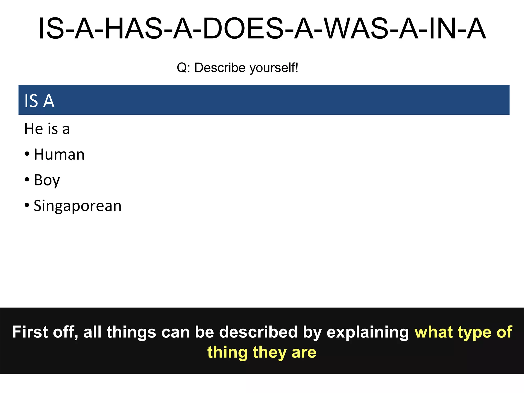 First off, all things can be described by explaining what type of
thing they are
IS-A-HAS-A-DOES-A-WAS-A-IN-A
IS A
He is a
• Human
• Boy
• Singaporean
Q: Describe yourself!
 