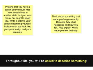 Throughout life, you will be asked to describe something!
Pretend that you have a
cousin you've never met.
Your cousin lives in
another state, but you want
him or her to get to know
you. Write a letter to your
cousin describing yourself.
Include what you look like,
your personality, and your
interests.
Pretend that you have a
cousin you've never met.
Your cousin lives in
another state, but you want
him or her to get to know
you. Write a letter to your
cousin describing yourself.
Include what you look like,
your personality, and your
interests.
Think about something that
made you happy recently.
Describe fully what
happened and how you
felt. Also explain why it
made you feel that way.
Think about something that
made you happy recently.
Describe fully what
happened and how you
felt. Also explain why it
made you feel that way.
 