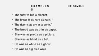E X A M P L E S O F S I M I L E
S
• The snow is like a blanket.
• The bread is as hard as nails.”
• The river is as dry as a bone.”
• The bread was as thin as paper.
• She was as pretty as a picture.
• She was as blind as a bat.
• He was as white as a ghost.
• He was as big as a wale
 