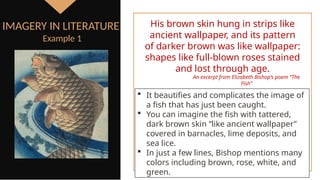  It beautifies and complicates the image of
a fish that has just been caught.
 You can imagine the fish with tattered,
dark brown skin “like ancient wallpaper”
covered in barnacles, lime deposits, and
sea lice.
 In just a few lines, Bishop mentions many
colors including brown, rose, white, and
green.
IMAGERY IN LITERATURE
Example 1
His brown skin hung in strips like
ancient wallpaper, and its pattern
of darker brown was like wallpaper:
shapes like full-blown roses stained
and lost through age.
An excerpt from Elizabeth Bishop’s poem “The
Fish”
 