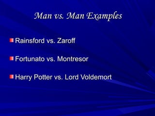 Man vs. Man ExamplesMan vs. Man Examples
Rainsford vs. ZaroffRainsford vs. Zaroff
Fortunato vs. MontresorFortunato vs. Montresor
Harry Potter vs. Lord VoldemortHarry Potter vs. Lord Voldemort
 