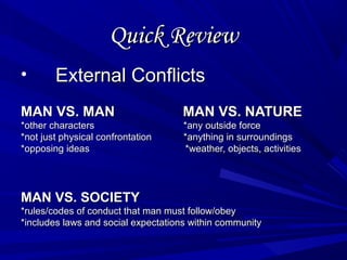 Quick ReviewQuick Review
• External ConflictsExternal Conflicts
MAN VS. MANMAN VS. MAN MAN VS. NATUREMAN VS. NATURE
*other characters*other characters *any outside force*any outside force
*not just physical confrontation*not just physical confrontation *anything in surroundings*anything in surroundings
*opposing ideas *weather, objects, activities*opposing ideas *weather, objects, activities
MAN VS. SOCIETYMAN VS. SOCIETY
*rules/codes of conduct that man must follow/obey*rules/codes of conduct that man must follow/obey
*includes laws and social expectations within community*includes laws and social expectations within community
 