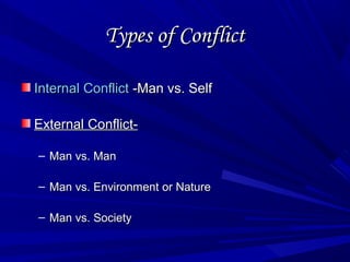 Types of ConflictTypes of Conflict
Internal ConflictInternal Conflict -Man vs. Self-Man vs. Self
ExternalExternal Conflict-Conflict-
– Man vs. ManMan vs. Man
– Man vs. Environment or NatureMan vs. Environment or Nature
– Man vs. SocietyMan vs. Society
 