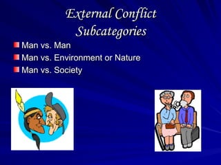 External Conflict
External Conflict
Subcategories
Subcategories
Man vs. Man
Man vs. Man
Man vs. Environment or Nature
Man vs. Environment or Nature
Man vs. Society
Man vs. Society
 