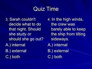 Quiz Time
Quiz Time
3.
3. Sarah couldn't
Sarah couldn't
decide what to do
decide what to do
that night. Should
that night. Should
she study or
she study or
should she go out?
should she go out?
A.) internal
A.) internal
B.) external
B.) external
C.) both
C.) both
4.
4. In the high winds,
In the high winds,
the crew was
the crew was
barely able to keep
barely able to keep
the ship from tilting
the ship from tilting
sideways
sideways.
.
A.) internal
A.) internal
B.) external
B.) external
C.) both
C.) both
 