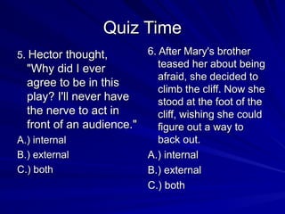 Quiz Time
Quiz Time
5.
5. Hector thought,
Hector thought,
"Why did I ever
"Why did I ever
agree to be in this
agree to be in this
play? I'll never have
play? I'll never have
the nerve to act in
the nerve to act in
front of an audience."
front of an audience."
A.) internal
A.) internal
B.) external
B.) external
C.) both
C.) both
6. After Mary's brother
6. After Mary's brother
teased her about being
teased her about being
afraid, she decided to
afraid, she decided to
climb the cliff. Now she
climb the cliff. Now she
stood at the foot of the
stood at the foot of the
cliff, wishing she could
cliff, wishing she could
figure out a way to
figure out a way to
back out.
back out.
A.) internal
A.) internal
B.) external
B.) external
C.) both
C.) both
 