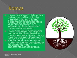 RamasLas ramas surgen del centro del mapa o de cualquier otra rama de esta forma podemos ir directamente a la información que nos interese sin tener que leer todo un documento. Lo aconsejable para poder recordar fácilmente estos mapas es crear varios mapas (uso de colores diferentes). Mediante el uso de colores podemos poner por ejemplo los aspectos más importantes en color rojo. CRP-05. La Técnica de los Mapas Mentales13