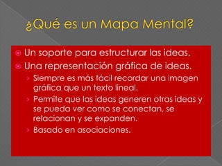 ¿Qué es un Mapa Mental?Un soporte para estructurar las ideas.Una representación gráfica de ideas.Siempre es más fácil recordar una imagen gráfica que un texto lineal. Permite que las ideas generen otras ideas y se pueda ver como se conectan, se relacionan y se expanden.Basado en asociaciones.