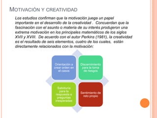 MOTIVACIÓN Y CREATIVIDAD
Los estudios confirman que la motivación juega un papel
importante en el desarrollo de la creatividad . Concuerdan que la
fascinación con el asunto o materia de su interés produjeron una
extrema motivación en los principales matemáticos de los siglos
XVII y XVIII. De acuerdo con el autor Perkins (1981), la creatividad
es el resultado de seis elementos, cuatro de los cuales, están
directamente relacionados con la motivación:
Orientación a
crear orden en
el casos
Discernimiento
para la toma
de riesgos
Sabiduría
para la
respuesta a
preguntas
inesperadas
Sentimiento de
reto propio
 