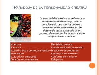 Paradoja de la personalidad creativaLa personalidad creativa se define como una personalidad compleja, dado el complemento de aspectos polares o extremos en su misma esencia. Se desprende así, la existencia de un proceso de balanceo  harmoniosos entre las posiciones extremas.Apertura                		Mentalidad cerradaFantasía     			Fuente sentido de la realidadActitud crítica y destructiva	Sentido de solución de problemasNeutralidad			Pasión por los interesesAuto-crítica, auto-duda		Confianza en sí mismoTensión y concentración		Relajación
