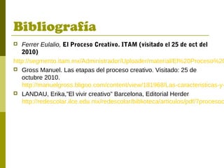 Bibliografía
 Ferrer Eulalio, El Proceso Creativo. ITAM (visitado el 25 de oct del
2010)
http://segmento.itam.mx/Administrador/Uploader/material/El%20Proceso%20
 Gross Manuel. Las etapas del proceso creativo. Visitado: 25 de
octubre 2010.
http://manuelgross.bligoo.com/content/view/181968/Las-caracteristicas-y-
 LANDAU, Erika,”El vivir creativo” Barcelona, Editorial Herder
http://redescolar.ilce.edu.mx/redescolar/biblioteca/articulos/pdf/7procesoc
 