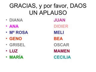 GRACIAS, y por favor, DAOS
UN APLAUSO
•
•
•
•
•
•
•

DIANA
ANA
Mª ROSA
GENO
GRISEL
LUZ
MARÍA

JUAN
DIDIER
MELI
BEA
OSCAR
MAMEN
CECILIA

 