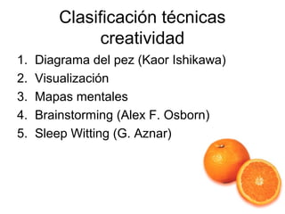 Clasificación técnicas
creatividad
1.
2.
3.
4.
5.

Diagrama del pez (Kaor Ishikawa)
Visualización
Mapas mentales
Brainstorming (Alex F. Osborn)
Sleep Witting (G. Aznar)

 