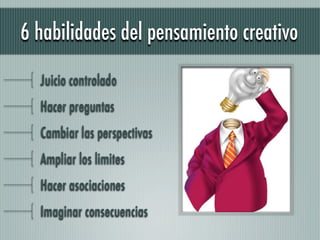 6 habilidades del pensamiento creativo

  Juicio controlado
  Hacer preguntas
  Cambiar las perspectivas
  Ampliar los limites
  Hacer asociaciones
  Imaginar consecuencias
 