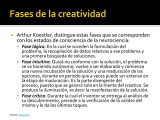     Arthur Koestler, distingue estas fases que se corresponden
      con los estados de consciencia de la neurociencia:
       Fase lógica: En la cual se suceden la formulación del
        problema, la recopilación de datos relativos a ese problema y
        una primera búsqueda de soluciones.
       Fase intuitiva: Quizá no conforme con la solución, el problema
        se va haciendo autónomo, vuelve a ser elaborado y comienza
        una nueva incubación de la solución y una maduración de las
        opciones, durante un periodo que a veces puede ser extenso en
        la etapa de maduración. Es la parte divergente del
        proceso, puesto que se genera solo en la mente del creativo. Se
        produce la iluminación, es decir la manifestación de la solución.
       Fase crítica: Durante la cual el inventor se entrega al análisis de
        su descubrimiento, precede a la verificación de la validez del
        mismo y le da los últimos toques.
Fuente: Wikipedia
 