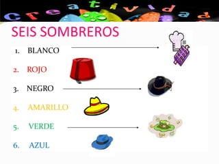 SEIS SOMBREROS
1. BLANCO
2. ROJO
3. NEGRO
4. AMARILLO
5. VERDE
6. AZUL
 