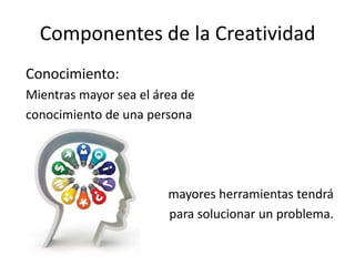 Componentes de la Creatividad
Conocimiento:
Mientras mayor sea el área de
conocimiento de una persona
mayores herramientas tendrá
para solucionar un problema.
 