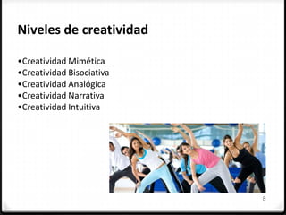 8
Niveles de creatividad
•Creatividad Mimética
•Creatividad Bisociativa
•Creatividad Analógica
•Creatividad Narrativa
•Creatividad Intuitiva
 