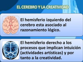 El hemisferio izquierdo del
cerebro esta asociado al
razonamiento lógico.
El hemisferio derecho a los
procesos que implican intuición
(actividades artísticas) y por
tanto a la creatividad.
 