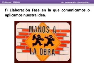 f) Elaboración Fase en la que comunicamos o
aplicamos nuestra idea.
VI- Unidad : PFRRHH I.E.P «Nuestra Señora de Guadalupe»
 