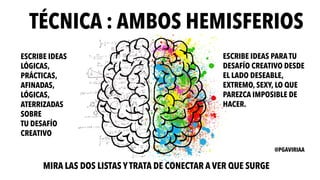 TÉCNICA : AMBOS HEMISFERIOS
ESCRIBE IDEAS PARA TU
DESAFÍO CREATIVO DESDE
EL LADO DESEABLE,
EXTREMO, SEXY, LO QUE
PAREZCA IMPOSIBLE DE
HACER.
ESCRIBE IDEAS
LÓGICAS,
PRÁCTICAS,
AFINADAS,
LÓGICAS,
ATERRIZADAS
SOBRE
TU DESAFÍO
CREATIVO
MIRA LAS DOS LISTAS Y TRATA DE CONECTAR A VER QUE SURGE
@PGAVIRIAA
 