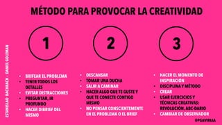 1
• BRIFEAR EL PROBLEMA
• TENER TODOS LOS
DETALLES
• EVITAR DISTRACCIONES
• PREGUNTAR, IR
PROFUNDO
• HACER DIBRIEF DEL
MISMO
• DESCANSAR
• TOMAR UNA DUCHA
• SALIR A CAMINAR
• HACER ALGO QUE TE GUSTE Y
QUE TE CONECTE CONTIGO
MISMO
• NO PENSAR CONSCIENTEMENTE
EN EL PROBLEMA O EL BRIEF
• HACER EL MOMENTO DE
INSPIRACIÓN
• DISCIPLINA Y MÉTODO
• CREAR
• USAR EJERCICIOS Y
TÉCNICAS CREATIVAS:
REVOLUCIÓN, ABC-DARIO
• CAMBIAR DE OBSERVADOR
2 3
MÉTODO PARA PROVOCAR LA CREATIVIDAD
ESTANISLAOBACHRACH-DANIELGOLEMAN
@PGAVIRIAA
 