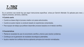 7.-TRIZ
Es un acrónimo ruso donde hay que seguir instrucciones especificas echas por Genrich Altshuller. Es aplicada para crear y
mejorar productos, servicios y sistemas.
Cuándo usarla
• Cuando se desee dirigir el proceso creativo con pasos estructurados.
• Cuando se quiera mejorar un producto basado en experiencias comprobadas.
• Para equipos de trabajo que prefieran desarrollar procesos basados en el método científico.
Características
• Plantea la necesidad de usar el conocimiento científico y técnico para resolver problemas.
• Contribuye con la generación de resultados tecnológicos patentables.
• Ayuda a resolver los conflictos técnicos aplicando principios de invención normalizados.
 