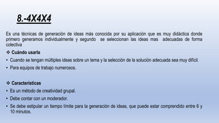 8.-4X4X4
Es una técnicas de generación de ideas más conocida por su aplicación que es muy didáctica donde
primero generamos individualmente y segundo se seleccionan las ideas mas adecuadas de forma
colectiva
 Cuándo usarla
• Cuando se tengan múltiples ideas sobre un tema y la selección de la solución adecuada sea muy difícil.
• Para equipos de trabajo numerosos.
 Características
• Es un método de creatividad grupal.
• Debe contar con un moderador.
• Se debe estipular un tiempo límite para la generación de ideas, que puede estar comprendido entre 6 y
10 minutos.
 