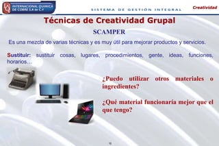 15
Creatividad
Técnicas de Creatividad Grupal
Es una mezcla de varias técnicas y es muy útil para mejorar productos y servicios.
Sustituir: sustituir cosas, lugares, procedimientos, gente, ideas, funciones,
horarios…
SCAMPER
¿Puedo utilizar otros materiales o
ingredientes?
¿Qué material funcionaría mejor que el
que tengo?
 
