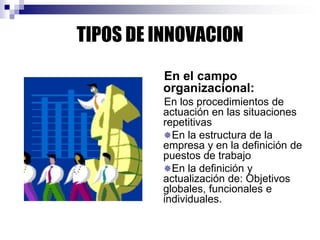 TIPOS DE INNOVACION
En el campo
organizacional:
En los procedimientos de
actuación en las situaciones
repetitivas
En la estructura de la
empresa y en la definición de
puestos de trabajo
En la definición y
actualización de: Objetivos
globales, funcionales e
individuales.
 