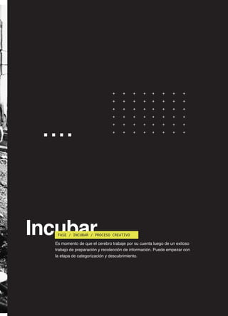 61
Es momento de que el cerebro trabaje por su cuenta luego de un exitoso
trabajo de preparación y recolección de información. Puede empezar con
la etapa de categorización y descubrimiento.
+
+
+
+
+
+
+
+
+
+
+
+
+
+
+
+
+
+
+
+
+
+
+
+
+
+
+
+
+
+
+
+
+
+
+
+
+
+
+
+
+
+
+
+
+
+
+
+
Incubar
FASE / INCUBAR / PROCESO CREATIVO
 