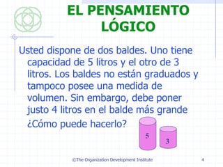 EL PENSAMIENTO
               LÓGICO
Usted dispone de dos baldes. Uno tiene
 capacidad de 5 litros y el otro de 3
 litros. Los baldes no están graduados y
 tampoco posee una medida de
 volumen. Sin embargo, debe poner
 justo 4 litros en el balde más grande
 ¿Cómo puede hacerlo?
                                              5
                                                     3

           ©The Organization Development Institute       4
 