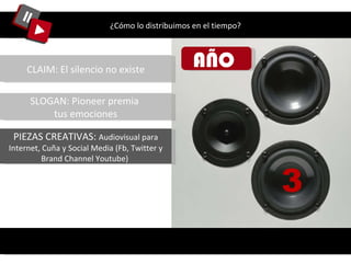 ¿Cómo lo distribuimos en el tiempo? AÑO  3 CLAIM: El silencio no existe SLOGAN: Pioneer premia  tus emociones PIEZAS CREATIVAS:  Audiovisual para Internet, Cuña y Social Media (Fb, Twitter y Brand Channel Youtube)  