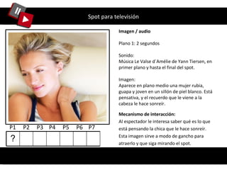 Spot para televisión Imagen / audio Plano 1: 2 segundos Sonido: Música Le Valse d´Amélie de Yann Tiersen, en primer plano y hasta el final del spot. Imagen: Aparece en plano medio una mujer rubia, guapa y joven en un sillón de piel blanco. Está pensativa, y el recuerdo que le viene a la cabeza le hace sonreír. Mecanismo de interacción: A l espectador  le interesa saber qué es lo que está pensando la chica que le hace sonreír. Esta imagen sirve a modo de gancho para atraerlo y que siga mirando el spot. ¿Qué tienen en común…? P1  P2  P3  P4  P5  P6  P7  ? 