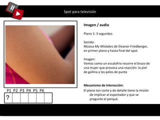 Spot para televisión Imagen / audio Plano 1: 3 segundos Sonido: Música  My Mistakes  de Eleanor Friedberger, en primer plano y hasta final del spot. Imagen: Vemos como un escalofrío recorre el brazo de una mujer que provoca una reacción: la piel de gallina y los pelos de punta P1  P2  P3  P4  P5  P6  Mecanismo de interacción: El plano tan corto y de detalle tiene la misión de implicar al espectador y que se pregunte el porqué. ¿Qué tienen en común…? ? 