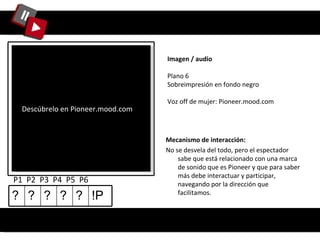 Imagen / audio Plano 6 Sobreimpresión en fondo negro Voz off de mujer: Pioneer.mood.com P1  P2  P3  P4  P5  P6  Mecanismo de interacción: No se desvela del todo, pero el espectador sabe que está relacionado con una marca de sonido que es Pioneer y que para saber más debe interactuar y participar, navegando por la dirección que facilitamos.  Descúbrelo en Pioneer.mood.com ? ? ? ? ? !P 