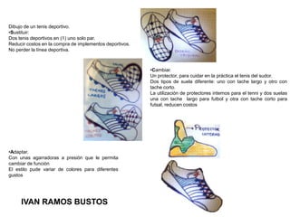Dibujo de un tenis deportivo.Sustituir: Dos tenis deportivos en (1) uno solo par.Reducir costos en la compra de implementos deportivos.No perder la línea deportiva.Cambiar.Un protector, para cuidar en la práctica el tenis del sudor.Dos tipos de suela diferente: uno con tache largo y otro con tache corto.La utilización de protectores internos para el tenni y dos suelas una con tache  largo para futbol y otra con tache corto para futsal, reducen costosAdaptar.Con unas agarradoras a presión que le permita cambiar de funciónEl estilo pude variar de colores para diferentes gustosIVAN RAMOS BUSTOS