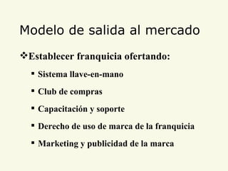 Modelo de salida al mercado Establecer franquicia ofertando: Sistema llave-en-mano Club de compras Capacitación y soporte Derecho de uso de marca de la franquicia Marketing y publicidad de la marca 