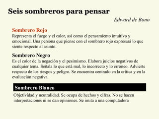 Seis sombreros para pensar Sombrero Rojo Representa el fuego y el calor, así como el pensamiento intuitivo y emocional. Una persona que piense con el sombrero rojo expresará lo que siente respecto al asunto. Sombrero Negro Es el color de la negación y el pesimismo. Elabora juicios negativos de cualquier tema. Señala lo que está mal, lo incorrecto y lo erróneo. Advierte respecto de los riesgos y peligro. Se encuentra centrado en la crítica y en la evaluación negativa. Edward de Bono Sombrero Blanco Objetividad y neutralidad. Se ocupa de hechos y cifras. No se hacen interpretaciones ni se dan opiniones. Se imita a una computadora  
